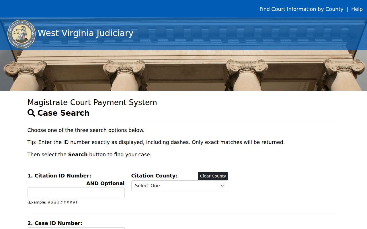 West Virginia Magistrate Court Payment System choices for Wirt County citation, case, and payment plan IDs